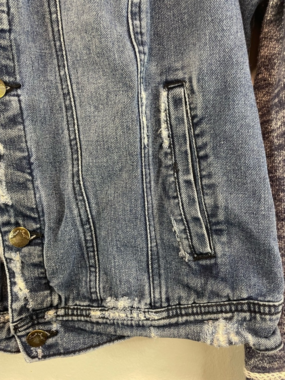 Free People Blue Denim Jacket with Heathered Gray Knit Sleeves - Picture 6 of 12